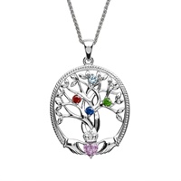 Image for Sterling Silver Tree of Life 4 Stone Irish Family Claddagh Birthstone Pendant