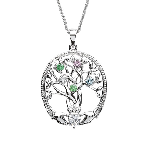 Sterling Silver Tree of Life 5 Stone Irish Family Claddagh Birthstone Pendant Irish Jewelry Irish Store Tipperary Irish Importer Celtic Jeweler