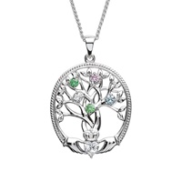 Image for Sterling Silver Tree of Life 5 Stone Irish Family Claddagh Birthstone Pendant