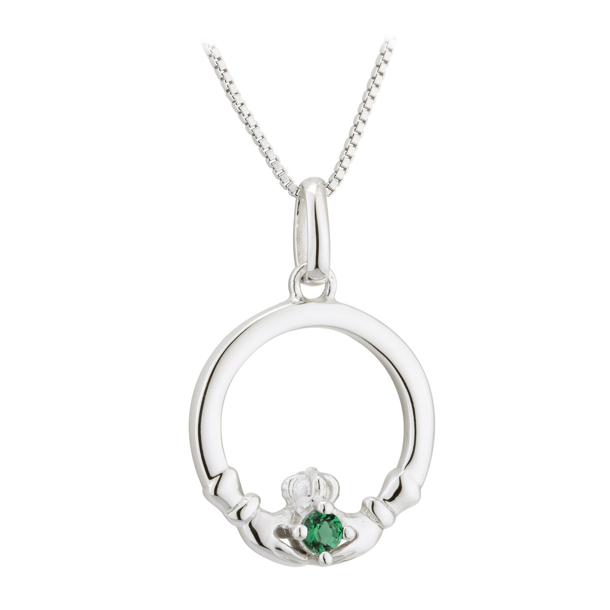 Acara Sterling Silver Irish Claddagh Necklace with Green Stone Heart