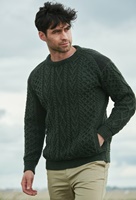 Image for Aran Crafts Sligo Crew Neck Irish Sweater with Donegal Tweed, Green