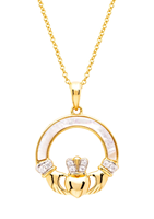 Image for 14kt Gold Vermeil Mother of Pearl CZ Irish Claddagh Necklace