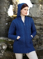 Aran Crafts Hooded Zip Coat, Marl Blue