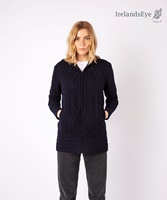 Aran Zipped Hooded Hazel Irish Sweater by Irelands Eye, Navy