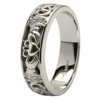 14Kt Hand-Crafted White Gold Claddagh Diamond Set Ladies Wedding Ring with Celtic Knot Work