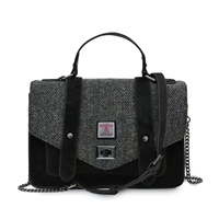 Image for Islander Large Satchel Bag Grey Herringbone HARRIS TWEED - Black Suede Edition