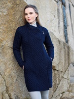 Aran Crafts Liffey Side Zip Irish Sweater Coat, Midnight Blue