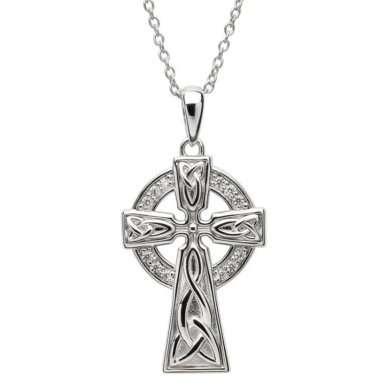 Stone Set Trinity Knot Sterling Silver Celtic Cross Necklace, Large