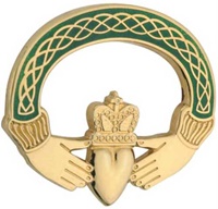 Gold Plated Green Claddagh Brooch