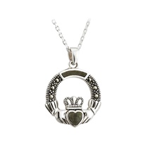 Image for Sterling Silver Connemara Marble and Marcasite Claddagh Pendant