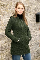 Aran Crafts Irish Sweater Hooded Zip Coat Dark Green