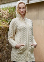 Aran Crafts Irish Sweater Hooded Zip Coat Natural
