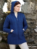 Aran Crafts Irish Sweater Hooded Zip Coat, Marl Blue