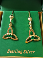 Kilkenny Silver Gold Celtic Trinity Earrings with Emerald Stone