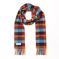 John Hanly Irish Lambswool Long Scarf, Orange Teal and Denim Blue Check