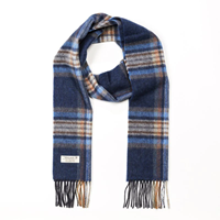 John Hanly Irish Lambswool Long Scarf, Navy Orange and Denim Check