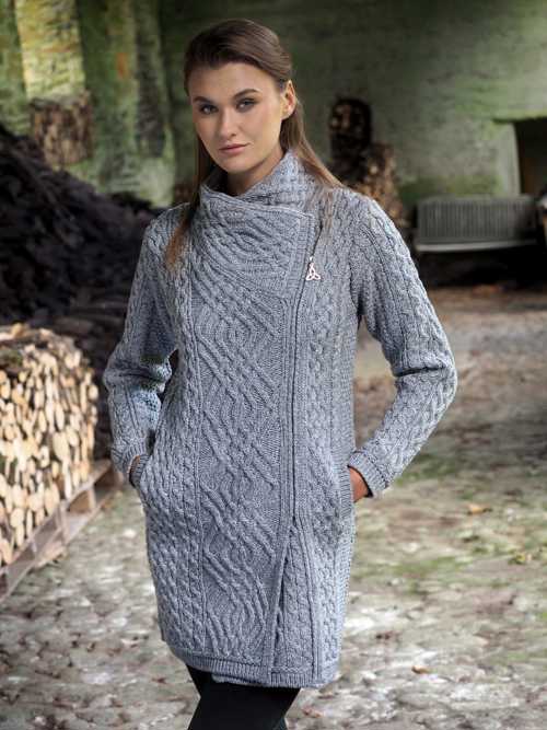 Image for Aran Crafts Liffey Side Zip Irish Sweater Coat, Soft Grey