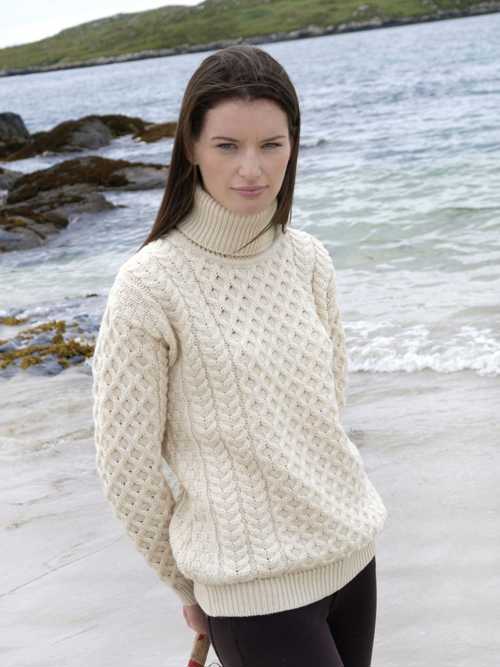 Image for Irish Cable Knit Sweater Turtle / Roll Neck Natural Color