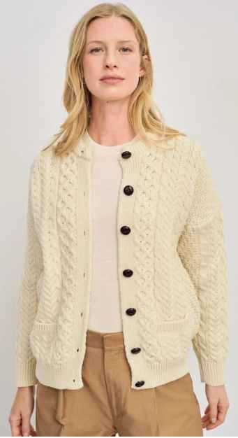 Image for Kerry Wollen Mill Aran Wool Cardigan Lumber Jacket-Natural