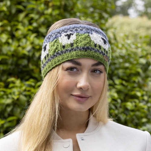 Image for Erin Aran irish Sheep Cable Headband, Blue & Green