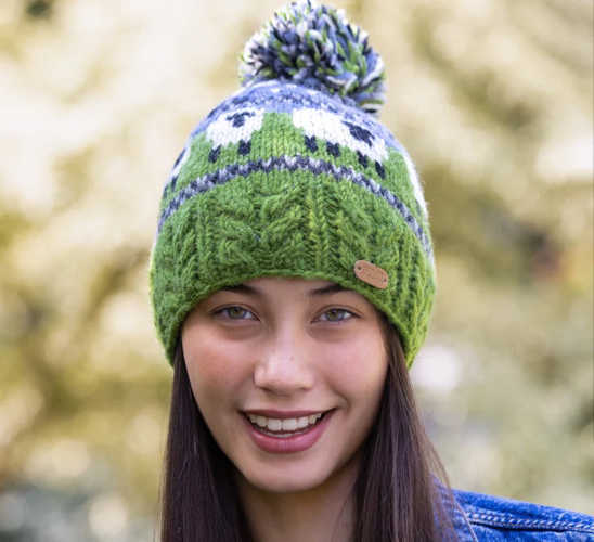 Image for Erin Knitwear Aran Sheep Bobble Hat with Cable Band - Blue/Green