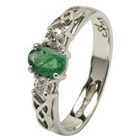 CelticTrinity Knot Geniune Emerald and Diamond Ring 14K White Gold - Made in Dublin