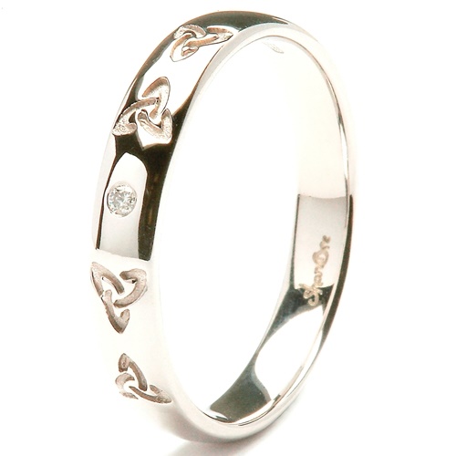 14K White Gold Celtic Embossed Pressure Set Diamond Wedding Ring