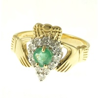 Image for 14k Yellow Gold Diamond and Emerald Claddagh Ring